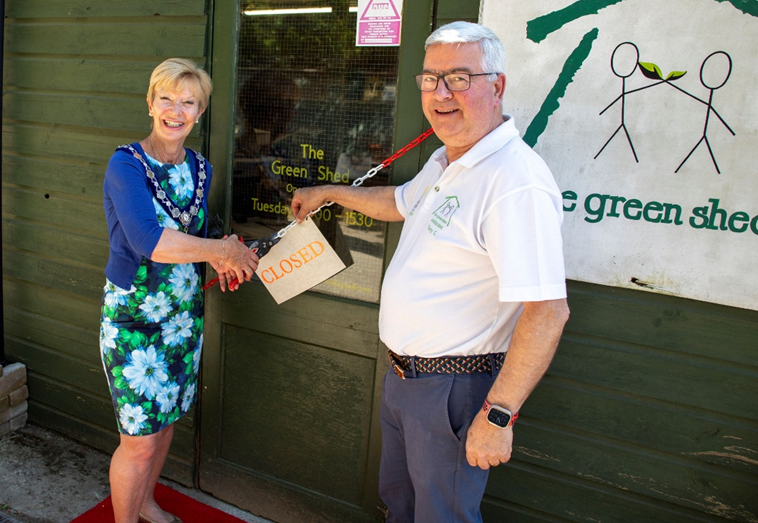 Mayor of Sherborne, Jill Warburton, and Antony Chambers, chairman of The Green Shed Sherborne